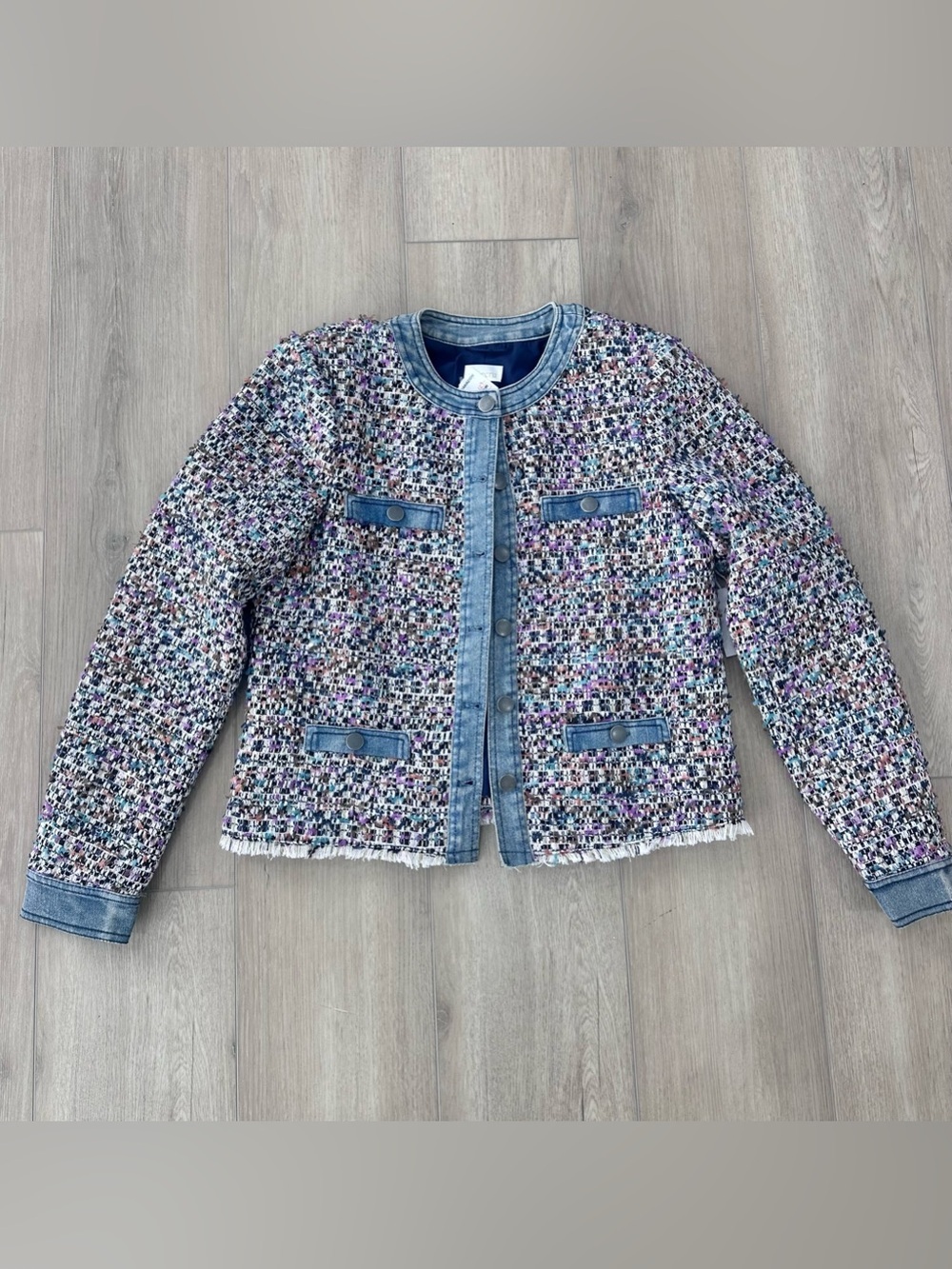 NWT Ecru Chanel classic jacket tweed denim blazer multicolor blue small